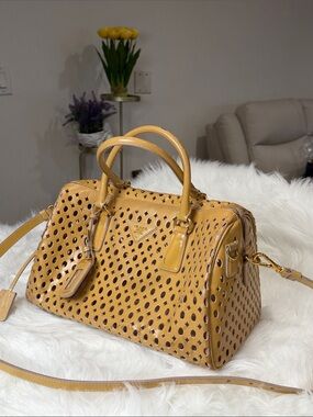 Prada Perforated Saffiano Leather Boston Satchel Shoulder Bag Yellow